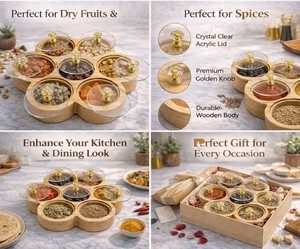 Handcrafted Wooden Spice <b>Box</b> Masala Dabba Acrylic Lid with 7 Round Compartments & Spoon <b>Pine</b> Wood Spice <b>Box</b> Set - Product Image 6