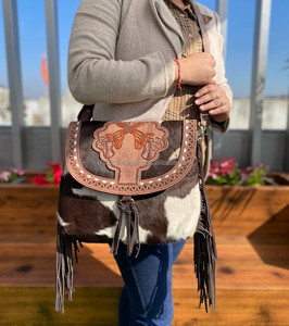 Venta caliente Western Real hecho a mano piel de vaca Tooled Leather Fringe Sling Bag mujeres elegantes ocultas llevar Casual Crossbody Bag - Product Image 2