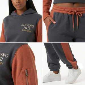 Ensemble de survêtement court pour femme avec options de couleurs bicolores, veste courte à capuche avec poche zippée sur la manche - Product Image 4