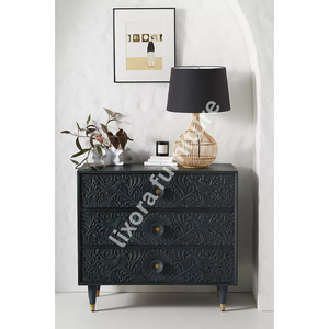 Luxury Handcrafted Solid Wood 3 Drawer Dresser Ornate Peacock Floral Vine Carving Matte Black Finish - Product Image 2