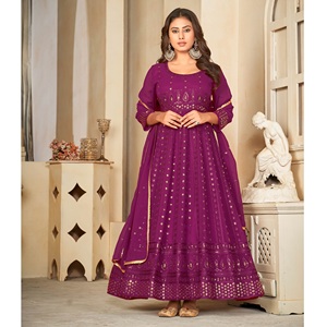 Superbe robe Anarkali pour femme en georgette violette, manches 3/4, semi-couturée, idéale pour les mariages et les occasions festives - Product Image 3