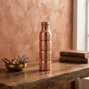 <b>Copper</b> Water Bottle with Hammered Texture Design <b>Screw</b> Cap Portable Reusable Flask for Travel Minimalist Style - Product Image 4