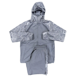 Unisex Gray Polyester/Nylon Breathable Tracksuit Full Sleeve Hooded Drawstring Closure Sporty Lightweight Solid <b>Shorts</b> Set - Product Image 1