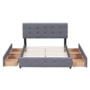 Cama Clásica Queen-Size Tapizada en Tela Gris Oscuro con Plataforma, 4 Cajones, No Requiere Base de Somier, con Cabecera Elegante - Product Image 3