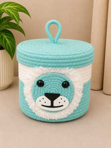 Lion Motif Blue Woven Cotton <b>Rope</b> <b>Basket</b> with Lid Safari Nursery Toy <b>Storage</b> Fringe Mane Baby Hamper Boutique Artistry By PR - Product Image 1