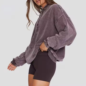 เสื้อฮู้ดดีไซน์ล่าสุดแบบฟอกสีสำหรับผู้หญิง ผ้าไม่เป็นขุย ระบายอากาศได้ดี สีและขนาดสั่งทำได้ สไตล์สตรีทแวร์ - Product Image 3