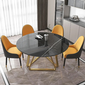 Mesa de comedor moderna de diseño nuevo con tablero de mármol y base de metal chapada en oro, mesa de comedor de metal de lujo para uso doméstico y en restaurantes. - Product Image 4