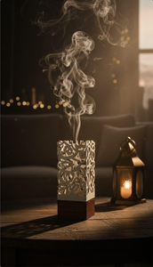 Brûleur à encens moderne en calligraphie arabe avec base en bois, brûleur à encens en métal, porte-charbon pour oud, décoration d'intérieur, décoration arabe pour la maison - Product Image 2