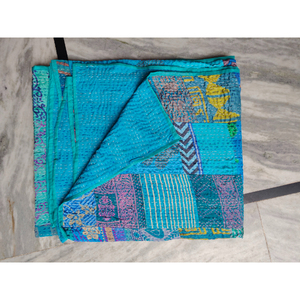 Turquoise Cotton Kantha Quilt Reversible <b>Bedspread</b> Handmade <b>Patchwork</b> Blanket All Season Home Decor Gift for Her - Product Image 2
