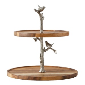 Handcrafted 2-Tier Acacia Wood Cake Stand With Rustic Pewter Bird Accents Elegant Two-Tiered Wooden Serving Tray & Dessert - Product Image 1