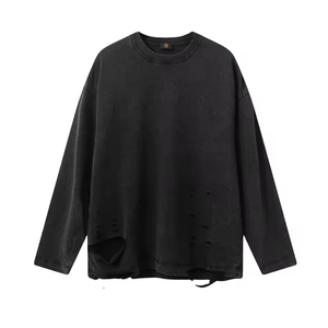 T-shirts personnalisés en coton 100% à manches longues, couleur unie, effet délavé et déchiré, pour enfants garçons - Product Image 3