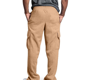 <b>Men's</b> Beige Cotton Cargo Sweatpants Elastic Waist Drawstring Multiple Pockets Casual Autumn Wear - Product Image 3