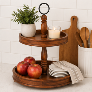 2 Tier Rustic Wooden Cake <b>Stand</b> with Metal Handle Farmhouse Tiered Serving Tray for <b>Cupcakes</b> Desserts and Fruit Hot Seller - Product Image 2