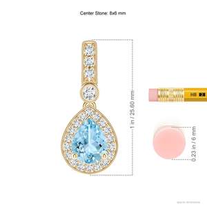 Pendentif en or 14 carats certifié IGI, véritable aigue-marine taille poire 6x4mm 0,35 carats, pavé de diamants, halo, fait main, bijoux fins, pendentif goutte d'eau - Product Image 3