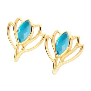 Boucles d'oreilles clous en topaze bleue marquise et lotus – Bijoux en argent 925 plaqué or avec pierre de naissance pour femme - Product Image 1
