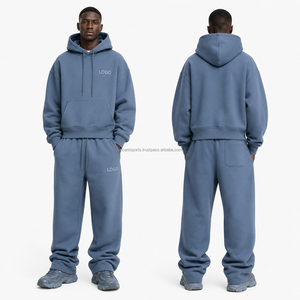 Ensemble deux pièces à épaules tombantes avec logo brodé personnalisé, en tissu polaire thermique, poche kangourou, poignets côtelés, vêtements de sport en gros - Product Image 6