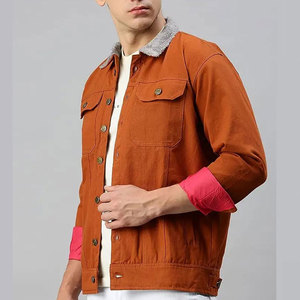 Men's Orange Denim Shirt <b>Jacket</b> Zipper Closure Pink Cuffs Stand Collar Casual <b>Slim</b> <b>Fit</b> Winter Streetwear Windproof 100% Cotton - Product Image 6
