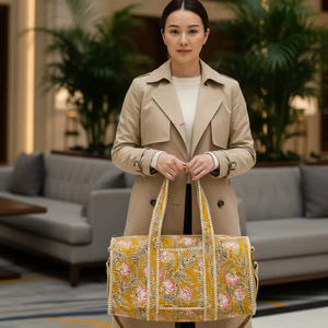 Mustard Floral Printed Cotton Luxury Travel Duffle <b>Bag</b> <b>Large</b> Capacity Weekend Shoulder <b>Crossbody</b> Handbag with Front Pocket - Product Image 2