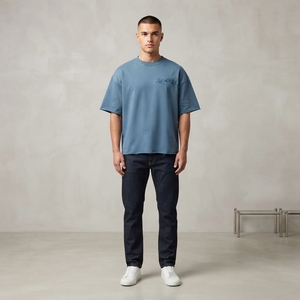 Men's <b>Blue</b> Oversized <b>T</b> Shirt Tonal Raised Graphic Short Sleeve Crew Neck Casual Streetwear Apparel Wholesale Supplier - Product Image 1