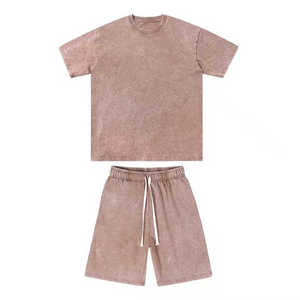 Ensemble homme été personnalisé : T-shirt col rond délavé à l'acide et short avec impression sérigraphiée, 100% coton, grandes tailles - Product Image 3