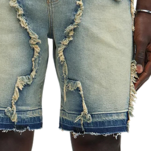 Shorts en jean bleu clair pour homme, coupe ample, longueur genou, en coton, déchirés, détails bruts, style streetwear décontracté, mode estivale - Product Image 5