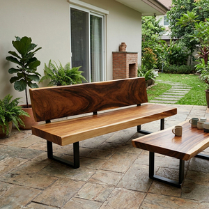 Banco de Madera Maciza de Suar con Respaldo de Borde Natural, Estilo Industrial Premium, Hecho a Mano, con Patas Tipo Sable, para Sala de Estar Moderna - Product Image 4