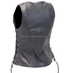 Chaleco de Motociclista para Mujer, Marca Rao Crafts, de Cuero Genuino, Cuello en V, Sin Mangas, con Cordones Laterales, Cierre de Cremallera, Color Sólido, Estilo Biker, Ecológico - Product Image 3