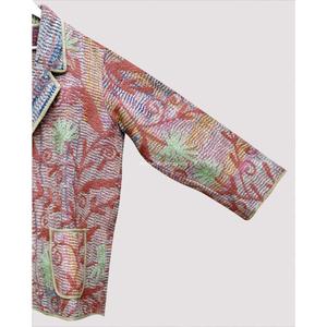 Multicolor Quilted Floral Embroidered Knitted Blazer Jacket with Patch Pockets Mandarin Collar Reversible Cotton Lined - Product Image 5