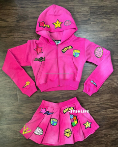 Hottest New Women's Custom 100% Cotton Fleece Crop Zip Hoodie <b>Skirt</b> Above Knee Solid Sporty Two Piece Set - Product Image 5