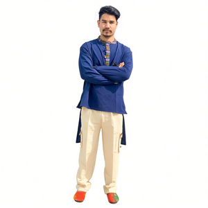 Kurta en coton bleu foncé brodé à la main, exquis et élégant, ensemble cadeau culturel et touristique du Népal - Product Image 2