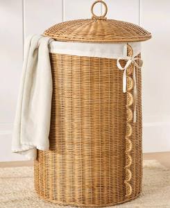Scalloped Trim Rattan <b>Basket</b> With Lid And Fabric Liner Handmade Woven Laundry <b>Hamper</b> Decorative Organizer <b>For</b> Home Storage - Product Image 2