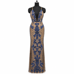 Robe de soirée bleue ornée de fleurs, col en V profond, bretelles doubles, perles florales |   Robe de soirée sirène longue en maille couleur tan - Product Image 1
