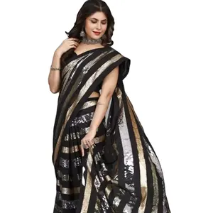 Black color Heavy Embroidery Work Border Lace Banglori Pure Cotton Silk Saree For Ladies or girls