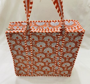 Bolsa de Mano Acolchada con Estampado Floral Naranja, 100% Algodón, con Cierre de Cremallera, Tamaño Grande, Asa Larga, para Compras y Fiestas - Product Image 2