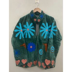 Hand Embroidered Breathable Eco-Friendly Knitted <b>Velvet</b> Cotton <b>Jacket</b> Women Mandarin Collar Full Sleeve Autumn Floral Pattern - Product Image 1