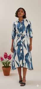 Vestido midi azul y blanco pintado a mano con cinturón, manga tres cuartos, vestido informal de verano de viscosa tejida para mujer - Product Image 4