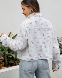 Women's Floral Print Denim Breathable Zip-Up <b>Jacket</b> Formal Spring Outerwear Regular Fit White with <b>Pink</b> Flowers Rhinestone - Product Image 2