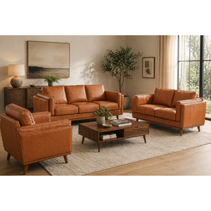 Modern Mid Century Real Leather <b>Sofa</b> Set Cognac Color 3 Seater Loveseat <b>Single</b> Chair Wooden Legs Living Room Furniture - Product Image 1