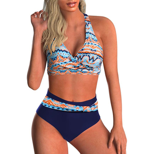 Conjunto de Bikini con estampado geométrico para mujer, Top Halter cruzado, parte inferior de cintura alta, traje de baño, ropa de playa, moda de verano - Product Image 1