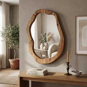 Espejo de Pared Moderno Irregular de Madera Sólida Orgánica, Estilo Wabi Sabi, Marco Curvo de Madera, Decoración para Sala de Estar, Entrada, Tocador, Unidad de Arte HD - Product Image 3