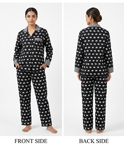 Handmade Crepe Silk Night Suit Black Elephant Print Pajama Set Women Comfortable Sleepwear With Border Masterpiece Nightwear - Product Image 3