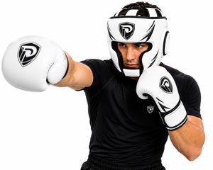 Protège-tête de boxe Dumela blanc et noir en cuir artificiel respirant avec fermeture auto-agrippante, emballage personnalisé, unisexe - Product Image 5