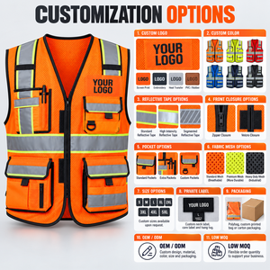 Gilet de sécurité haute visibilité orange pour homme, en maille réfléchissante, multi-poches, logo personnalisé, vêtements de travail - Product Image 5