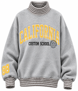 Sweat-shirt surdimensionné à col roulé pour femme, broderie gingham, vente en gros, 100% coton molletonné, pull à manches longues pour l'hiver - Product Image 1