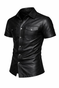 Men’s Black Leather Shirt – <b>Slim</b> <b>Fit</b> Short Sleeve Button Up – Real Leather Cargo Style Outfit – Street wear Fashion Shirt for Me - Product Image 3