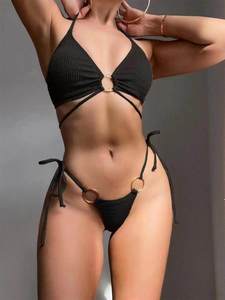 Ensemble de bikini texturé deux pièces pour femme avec détail anneau, maillot de bain tendance pour vacances à la plage, à nouer sur les côtés - Product Image 1
