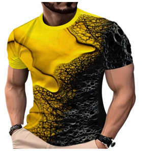T-shirt à manches courtes pour homme, motif abstrait jaune et noir, coupe classique, respirant, en polyester tricoté, décontracté, col rond - Product Image 1