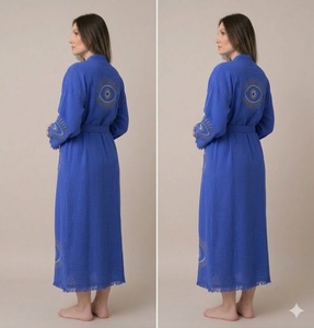Robe Kimono Bleue à Col en V Brodé, Manches Longues, Coupe Ample, Broderie Faite Main, Longueur Maxi, Tenue Décontractée, Robes Décontractées - Product Image 3