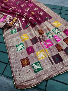 Sari indien ethnique pour mariage en viscose pure et soie Dola avec tissage Zari en soie douce, et pièces de blouse contrastantes avec bordure des manches - Product Image 6