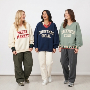<b>Women's</b> Cream <b>V</b> <b>Neck</b> Oversized <b>Sweatshirt</b> Merry Holiday Print Drop Shoulder Long Sleeve Winter Casual Knitted Pullover - Product Image 3